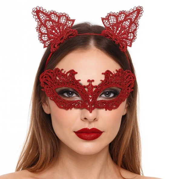 pilelistore Şık Kırmızı Dantel Maske ve Taç Seti 5 No ürün görseli