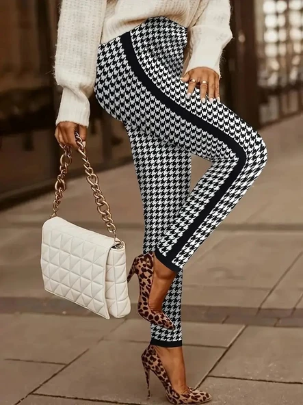 Lucky Life Kadın Yüksek Bel Kaz Ayağı Desenli Yanları şeritli Dalgıç Pantolon - Resim 2