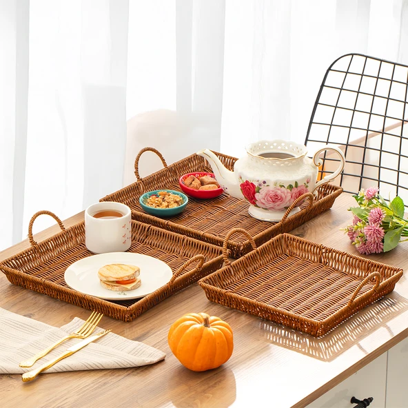 Porsima 709-C Kare 3'lü Dekoratif Ev Banyo Mutfak Düzenleyici Kulplu Hasır Sepet Seti Hasır Tepsi - Resim 2