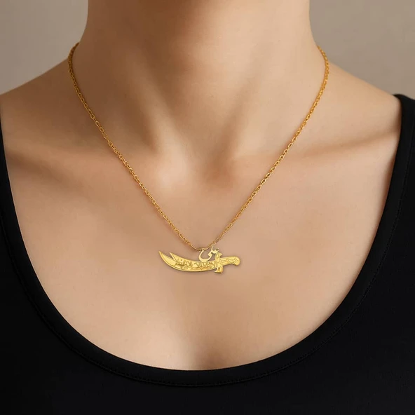 Hz Ali Kılıcı Motifli Bayanlara Özel 14 Ayar Altın Plakalı Altın Renkli Zincirli Hediyelik Kolye-657 ürün görseli