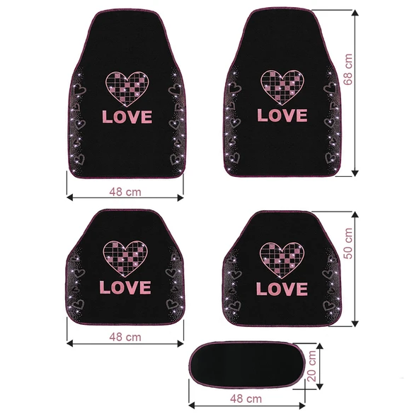 Taşlı Işıltılı Kalp ve Aşk Desenli Nakışlı Oto Halı Paspas Seti - Kadın Sürücülere Özel Şık Tasarım - Resim 7