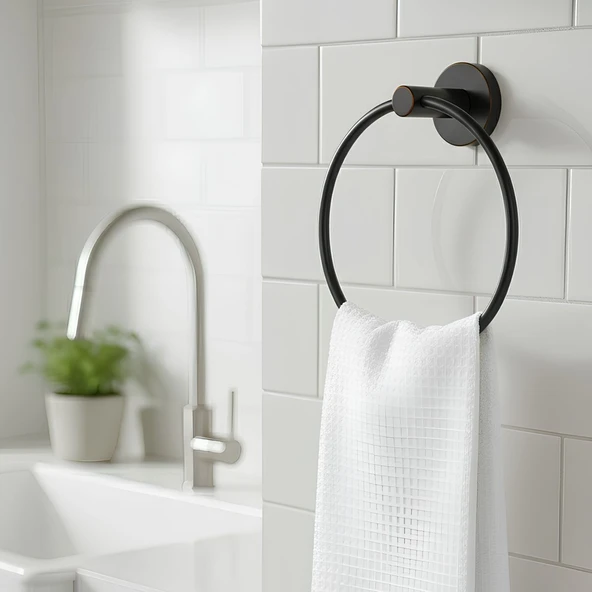 Vidalı Siyah Renkli Yuvarlak 16 cm Banyo Mutfak Lavabo Pratik Havluluk Askılığı - Resim 3