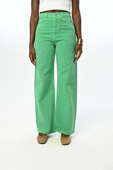 KADIN YAPIŞTIRMA TAŞ İŞLEMELİ DÜZ RENKLİ KOT PANTOLON - 5