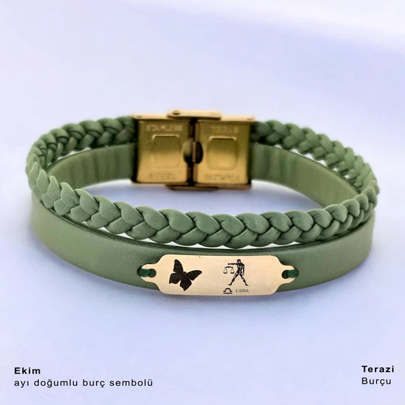 14 Ayar Altın Plakalı Burca Özel Kelebek Motifli Doğal Yeşil Derili Hediye Bileklik-660 ürün görseli