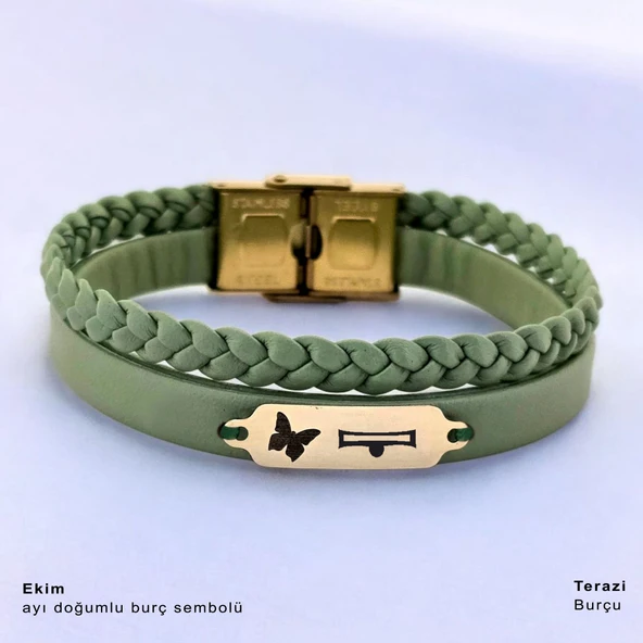 14 Ayar Altın Plakalı Doğum Ayına Özel Doğal Yeşil Derili Kelebek Motifli Hediye Bileklik-660 ürün görseli