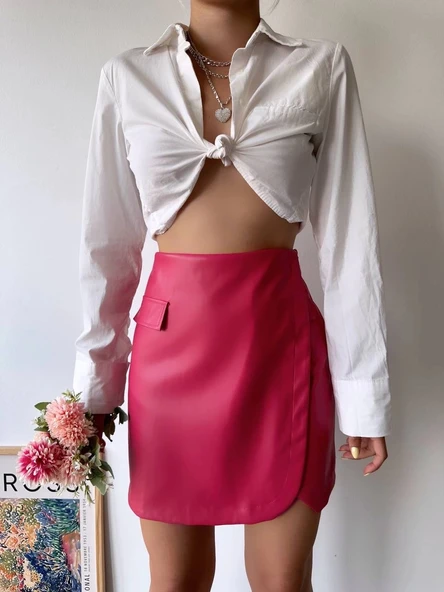 Cep detaylı oval kapaklı deri etek fuşya h240048 - Resim 5