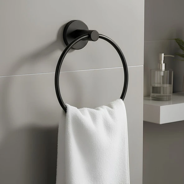 Vidalı Siyah Renkli Yuvarlak 16 cm Banyo Mutfak Lavabo Pratik Havluluk Askılığı ürün görseli