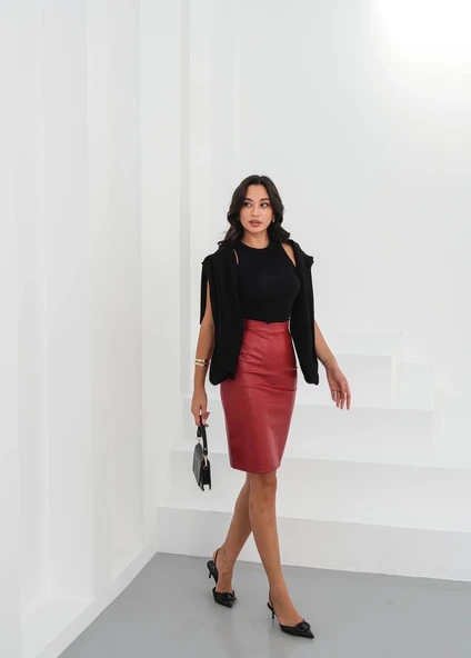 Midi boy deri kalem etek bordo h26780 - Resim 4