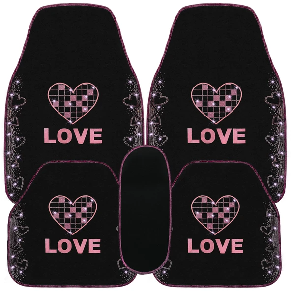 Taşlı Işıltılı Kalp ve Aşk Desenli Nakışlı Oto Halı Paspas Seti - Kadın Sürücülere Özel Şık Tasarım - Resim 8
