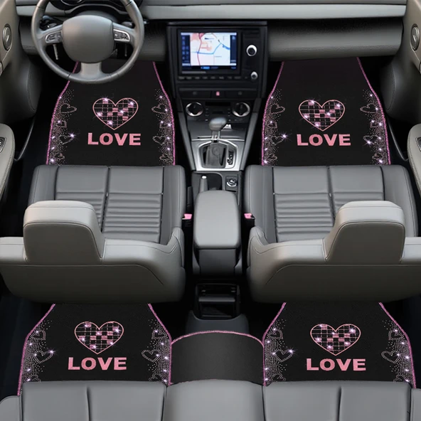 Taşlı Işıltılı Kalp ve Aşk Desenli Nakışlı Oto Halı Paspas Seti - Kadın Sürücülere Özel Şık Tasarım - Resim 2