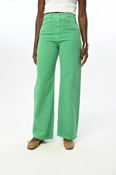 KADIN YAPIŞTIRMA TAŞ İŞLEMELİ DÜZ RENKLİ KOT PANTOLON