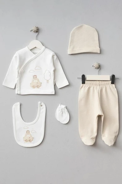 Bebitof %100 Pamuk Bulutlu Araba Desenli 5 Parça Yenidoğan Hastane Çıkışı Zıbın Seti BBTF.KRM.20109