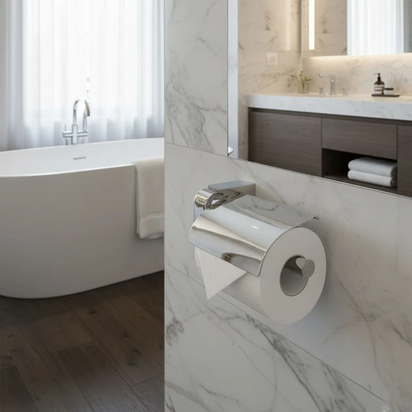 Krom Gümüş Kapaklı Lüks Tuvalet Kağıtlık Vidalı Paslanmaz Metal Duvara Monte Banyo Kağıt Aparatı - Resim 5