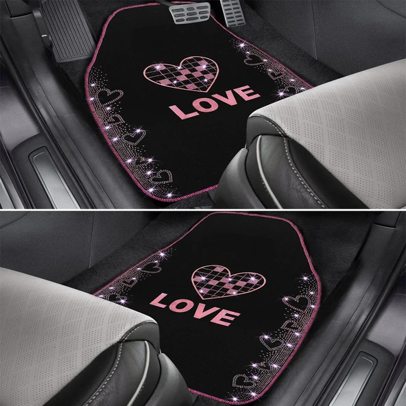 Taşlı Işıltılı Kalp ve Aşk Desenli Nakışlı Oto Halı Paspas Seti - Kadın Sürücülere Özel Şık Tasarım - Resim 3