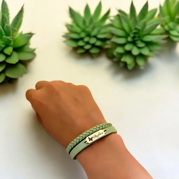 14 Ayar Altın Plakalı İsme Özel Doğal Yeşil Derili Kelebek Motifli Hediye Bileklik-660 - Resim 2