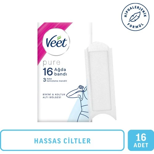Veet Hipoalerjenik Sir Ağda Bandı Pure Bikini Bölgesi ve Koltuk Altı 16lı + 3 Adet Temizleme Mendili Hediye ürün görseli