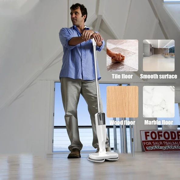 Valkyrie Şarjlı Su Püskürtmeli Elektrikli Mop – Çift Döner Başlık, Mikrofiber Ped, 2000 mAh, Tüm Zeminlerde Etkili Beyaz - 8