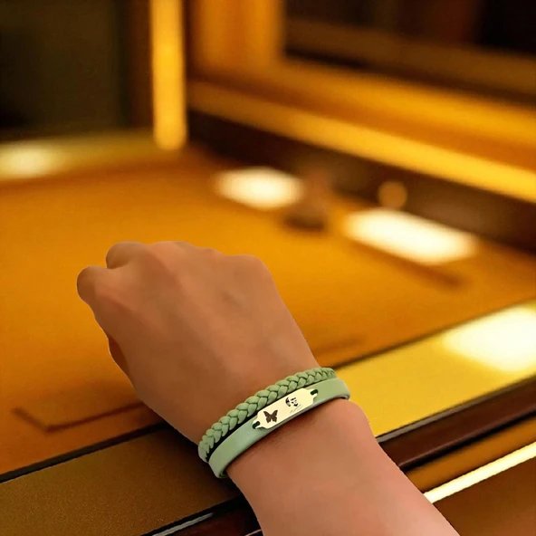 14 Ayar Altın Plakalı Sembole Özel Doğal Yeşil Derili Kelebek Motifli Hediye Bileklik-660 - Resim 2