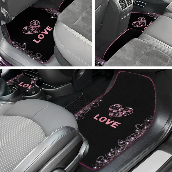 Taşlı Işıltılı Kalp ve Aşk Desenli Nakışlı Oto Halı Paspas Seti - Kadın Sürücülere Özel Şık Tasarım - Resim 6