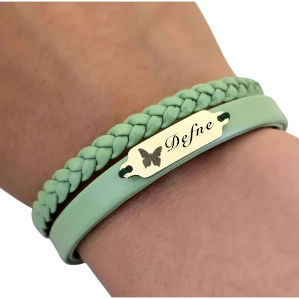 14 Ayar Altın Plakalı İsme Özel Doğal Yeşil Derili Kelebek Motifli Hediye Bileklik-660 - Resim 3