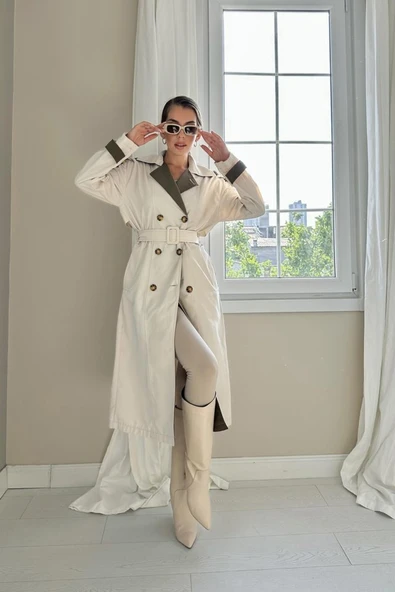 Bej Haki Arkası Çizgili Ve Kemerli Trençkot ürün görseli