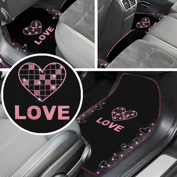 Taşlı Işıltılı Kalp ve Aşk Desenli Nakışlı Oto Halı Paspas Seti - Kadın Sürücülere Özel Şık Tasarım ürün görseli