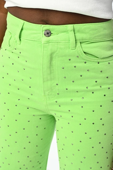 KADIN YAPIŞTIRMA TAŞ İŞLEMELİ DÜZ RENKLİ KOT PANTOLON - 11