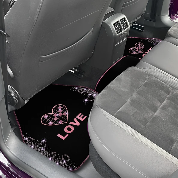 Taşlı Işıltılı Kalp ve Aşk Desenli Nakışlı Oto Halı Paspas Seti - Kadın Sürücülere Özel Şık Tasarım - Resim 5