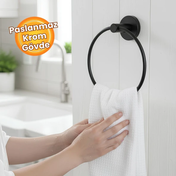 Vidalı Siyah Renkli Yuvarlak 16 cm Banyo Mutfak Lavabo Pratik Havluluk Askılığı - Resim 7