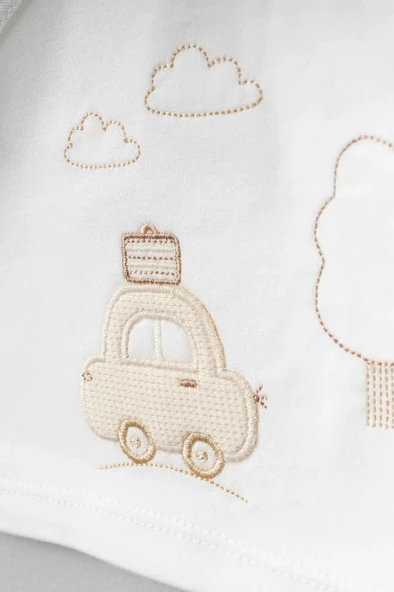 Bebitof %100 Pamuk Bulutlu Araba Desenli 5 Parça Yenidoğan Hastane Çıkışı Zıbın Seti BBTF.KRM.20109 - 2