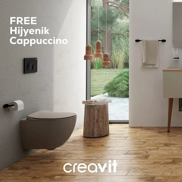 Creavit Free Rim-Off Kanalsız Asma Klozet (FE322.CM) Mat Cappucino + Duck Yavaş Kapanan Kapak Mat Cappucino 2'li Set - Resim 5