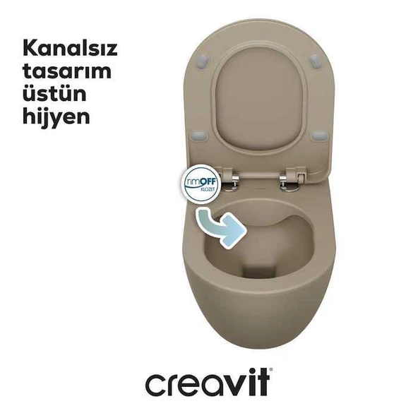 Creavit Free Rim-Off Kanalsız Asma Klozet (FE322.CM) Mat Cappucino + Duck Yavaş Kapanan Kapak Mat Cappucino 2'li Set - Resim 4