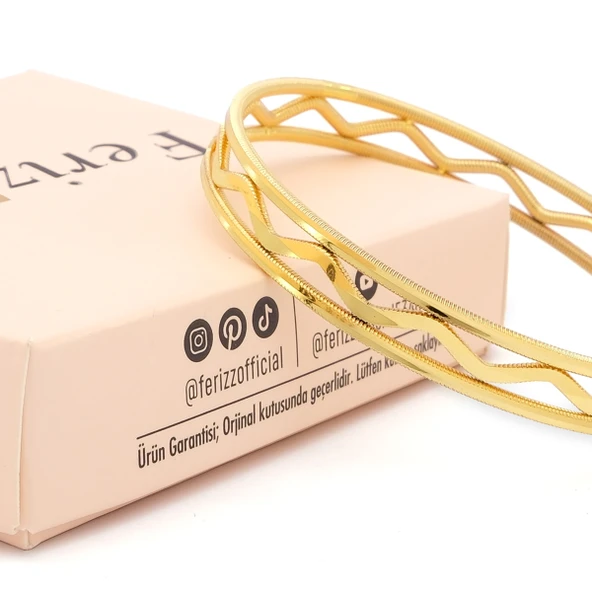 Altın Kaplama İmitasyon Oluklu Ve Zigzag Ajda Bilezik BLZ-3126 - Resim 4