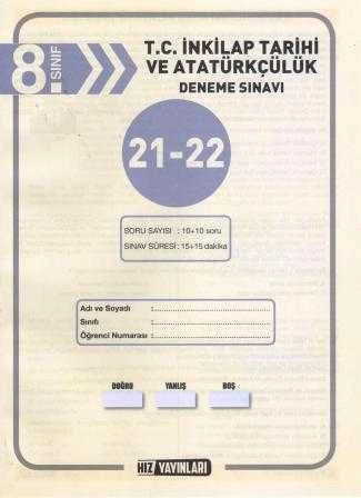 Hız Yayınları 8. Sınıf T.C. İnkılap Tarihi ve Atatürkçülük Deneme Sınavı 21-22 ürün görseli 1