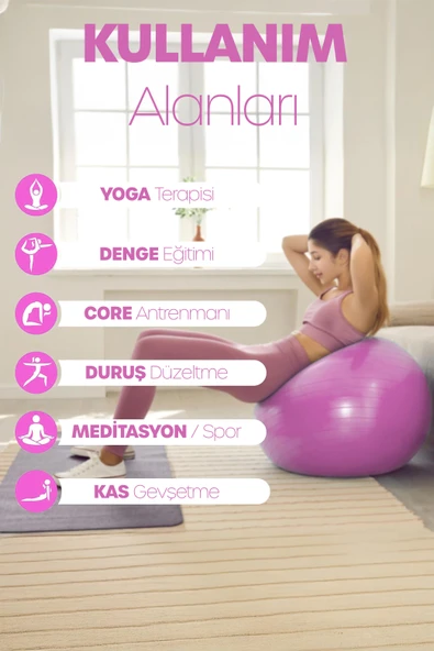 65 cm Pilates Topu ve Pompa Seti | 155-170 cm Boy İçin Uygun Dayanıklı Anti-Slip Pembe - Resim 6