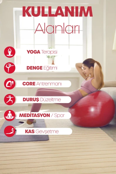 65 cm Pilates Topu ve Pompa Seti | 155-170 cm Boy İçin Uygun Dayanıklı Anti-Slip Kırmızı - Resim 7