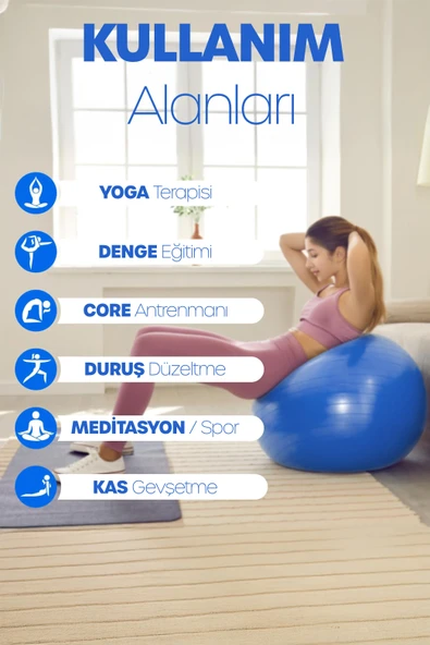 65 cm Pilates Topu ve Pompa Seti | 155-170 cm Boy İçin Uygun Dayanıklı Anti-Slip Mavi - Resim 7