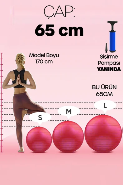 65 cm Pilates Topu ve Pompa Seti | 155-170 cm Boy İçin Uygun Dayanıklı Anti-Slip Kırmızı - Resim 5