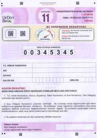 ÜçDörtBeş Yayınları TYT 1. Oturum Türkçe Deneme 11 ürün görseli 1