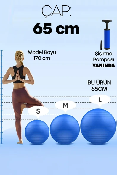 65 cm Pilates Topu ve Pompa Seti | 155-170 cm Boy İçin Uygun Dayanıklı Anti-Slip Mavi - Resim 5