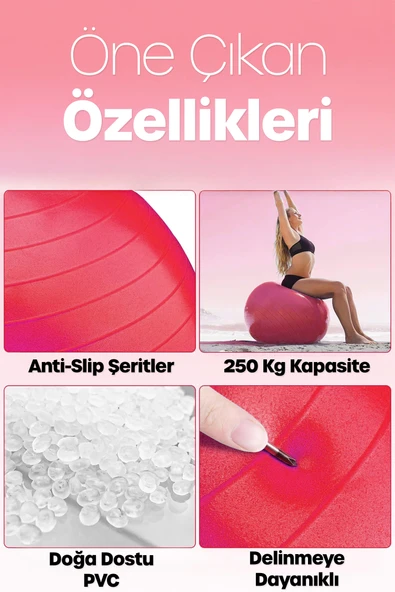 65 cm Pilates Topu ve Pompa Seti | 155-170 cm Boy İçin Uygun Dayanıklı Anti-Slip Kırmızı - Resim 3
