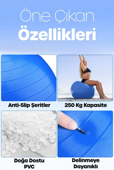 65 cm Pilates Topu ve Pompa Seti | 155-170 cm Boy İçin Uygun Dayanıklı Anti-Slip Mavi - Resim 3