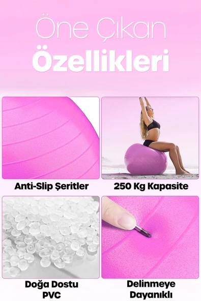 65 cm Pilates Topu ve Pompa Seti | 155-170 cm Boy İçin Uygun Dayanıklı Anti-Slip Pembe - Resim 3