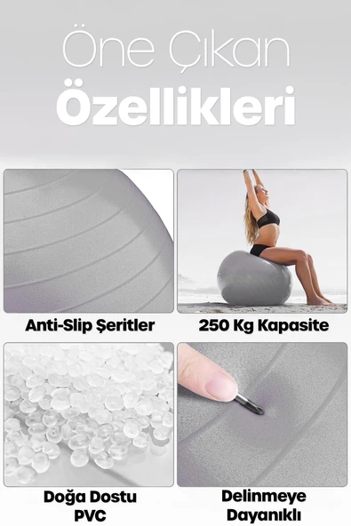 65 cm Pilates Topu ve Pompa Seti | 155-170 cm Boy İçin Uygun Dayanıklı Anti-Slip Gri - Resim 3
