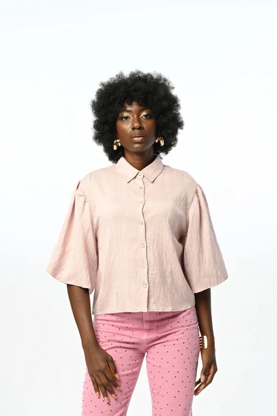 Kısa Kol Pudra Renk Gömlek - 3