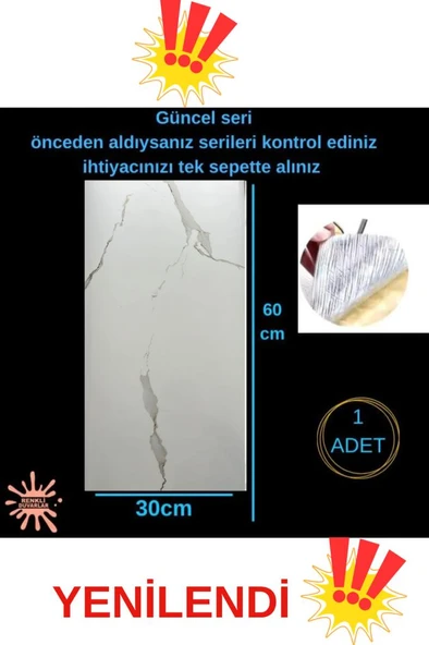 Shiny 60cmx30 Cm 1 Adet Parlak Beyaz Mermer Desenli Yapışkanlı Duvar Paneli Kağıdı Banyo Wc Döşeme - 2