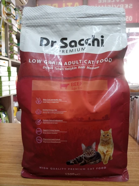 DR.SACCHİ Düşük Tahıllı Kuru Kedi Mama Sığır Etli 1.5 kg X 2 PAKET