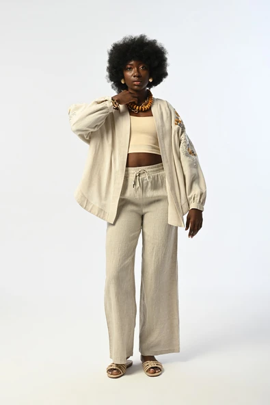 Arkası Ve Kolları Çiçek Nakışlı Kimono Ceket - 6