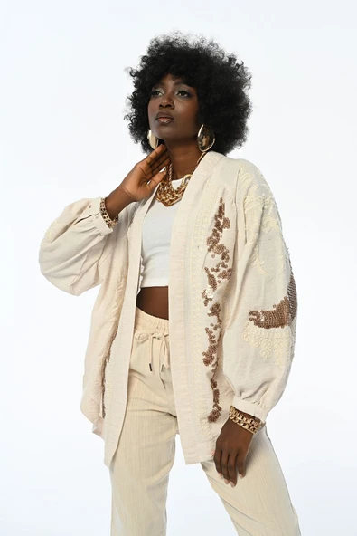 KADIN ÖNÜ VE KOLU PAYET NAKIŞLI KİMONO CEKET - 7