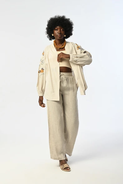 Arkası Ve Kolları Çiçek Nakışlı Kimono Ceket - 4